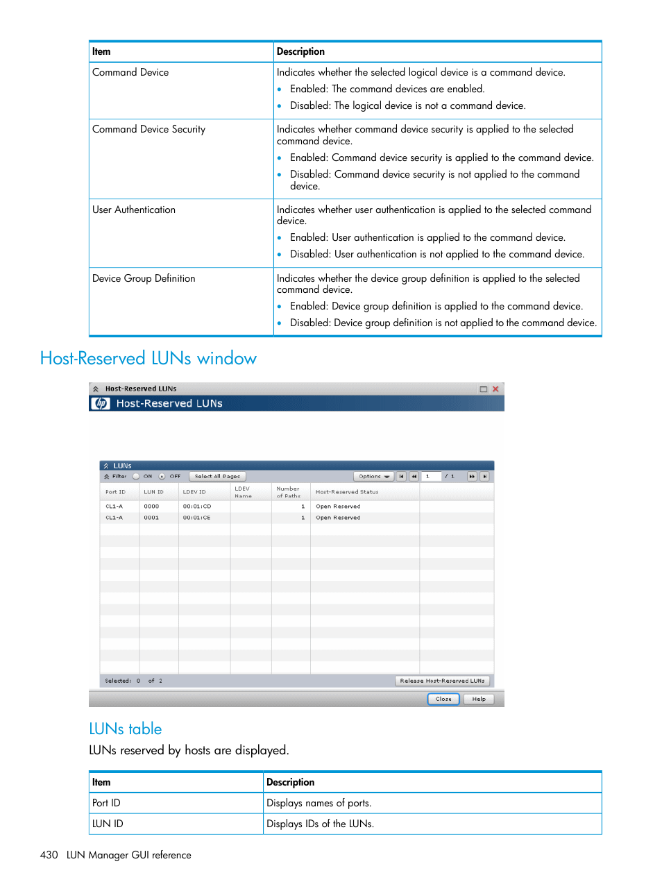 Host-reserved luns window, Luns table | HP XP P9500 Storage User Manual | Page 430 / 438