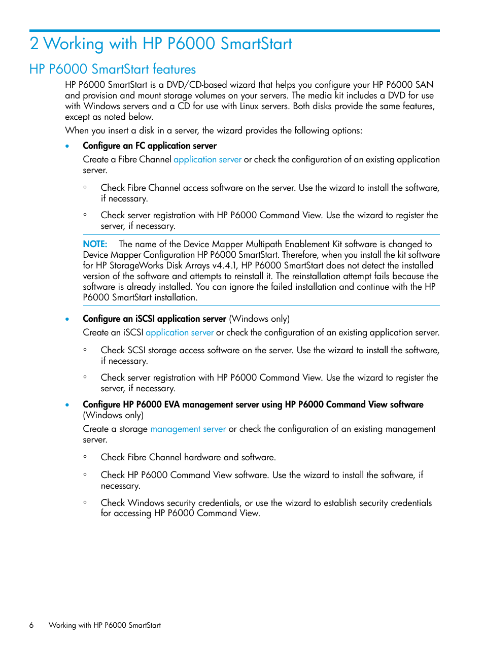 2 working with hp p6000 smartstart, Hp p6000 smartstart features | HP Command View EVA Software User Manual | Page 6 / 45