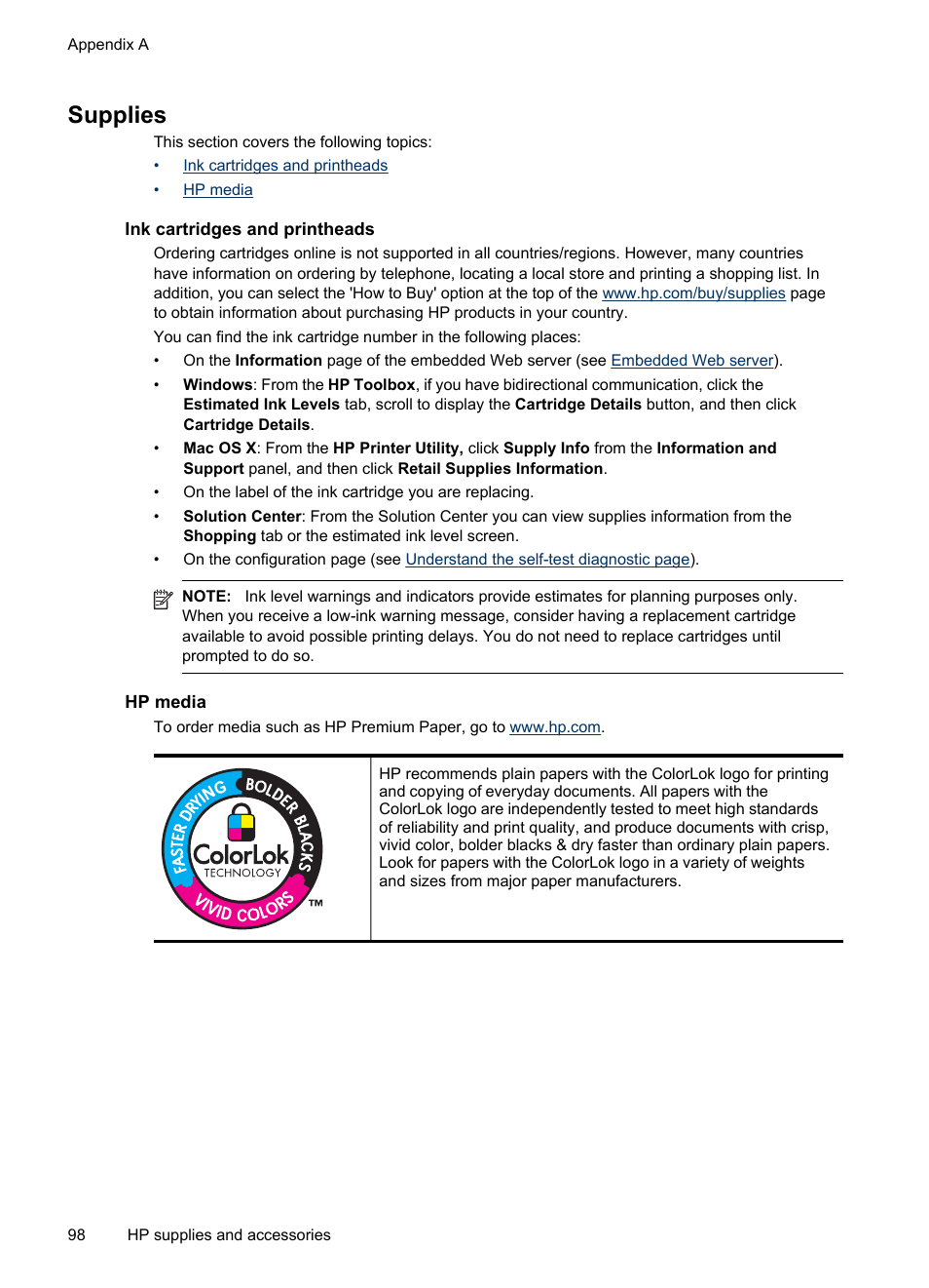 Supplies, Ink cartridges and printheads, Hp media | Ink cartridges and printheads hp media, Your device, see | HP Officejet Pro 8000 - A809 User Manual | Page 102 / 140