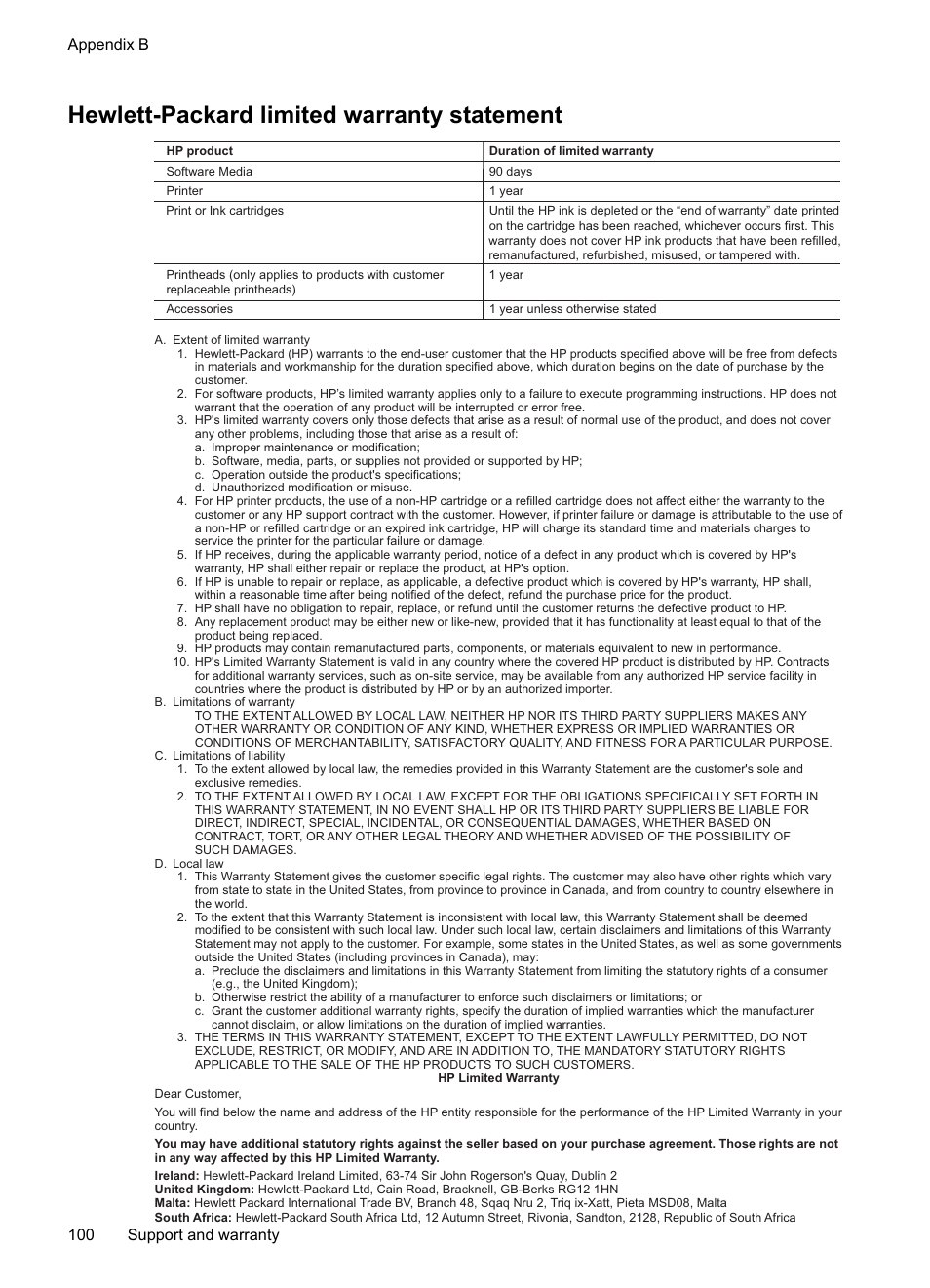 Hewlett-packard limited warranty statement, Appendix b 100 support and warranty | HP Officejet Pro 8000 - A809 User Manual | Page 104 / 140