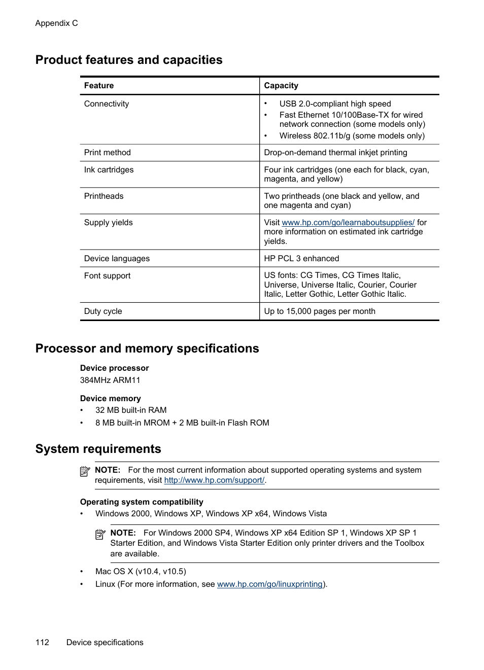 Product features and capacities, Processor and memory specifications, System requirements | HP Officejet Pro 8000 - A809 User Manual | Page 116 / 140