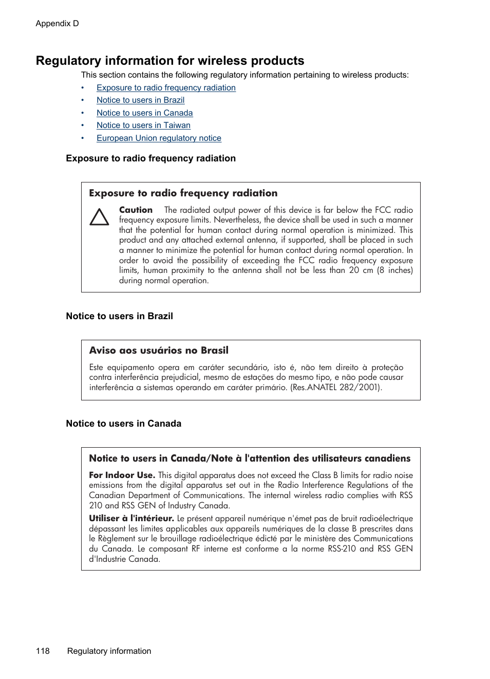 Regulatory information for wireless products, Exposure to radio frequency radiation, Notice to users in brazil | Notice to users in canada | HP Officejet Pro 8000 - A809 User Manual | Page 122 / 140