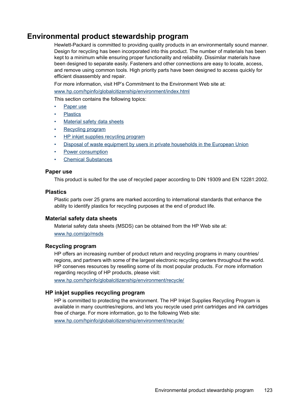 Environmental product stewardship program, Paper use, Plastics | Material safety data sheets, Recycling program, Hp inkjet supplies recycling program, Hp inkjet supplies recycling, Program | HP Officejet Pro 8000 - A809 User Manual | Page 127 / 140