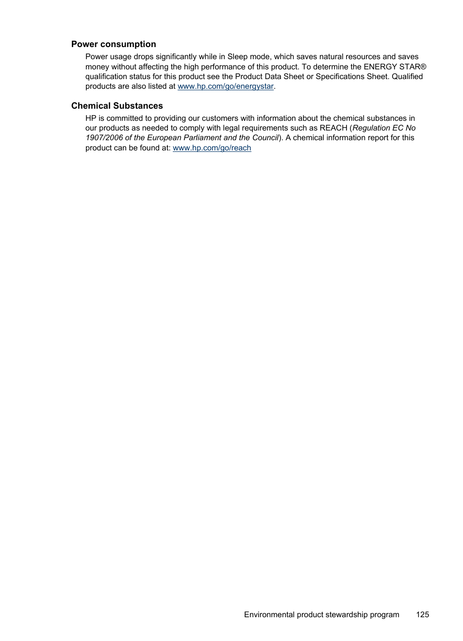 Power consumption, Chemical substances | HP Officejet Pro 8000 - A809 User Manual | Page 129 / 140