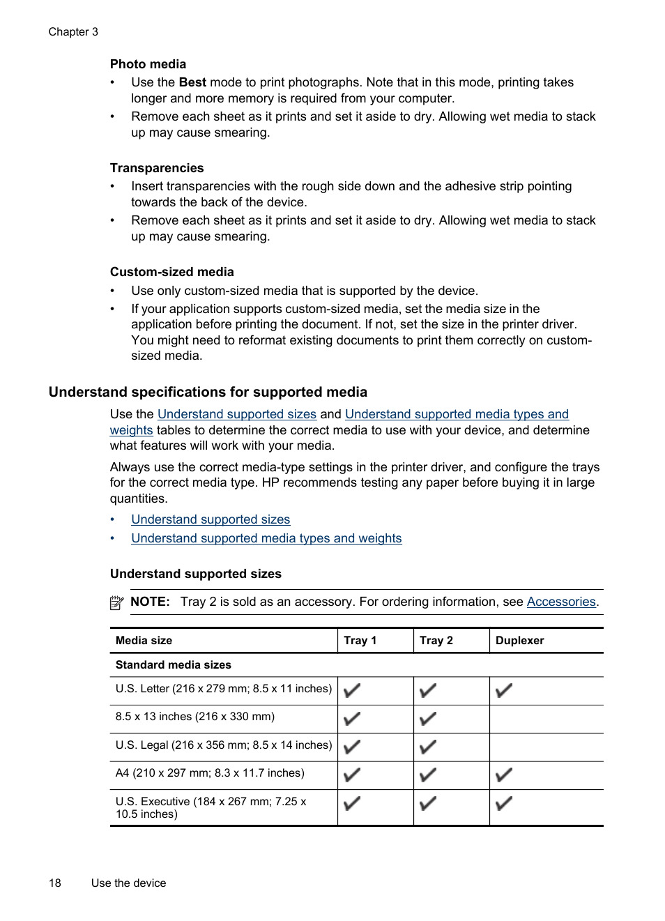 Understand specifications for supported media, Understand supported sizes, Understand specifications for | Supported media | HP Officejet Pro 8000 - A809 User Manual | Page 22 / 140