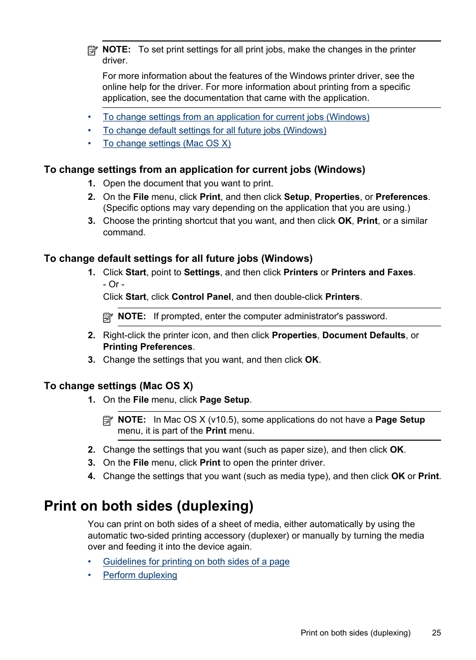 To change settings (mac os x), Print on both sides (duplexing) | HP Officejet Pro 8000 - A809 User Manual | Page 29 / 140