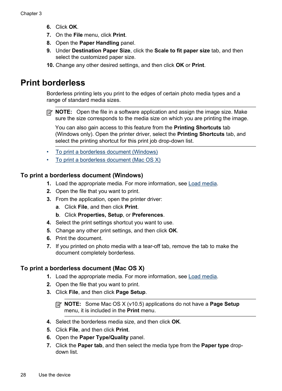 Print borderless, To print a borderless document (windows), To print a borderless document (mac os x) | HP Officejet Pro 8000 - A809 User Manual | Page 32 / 140