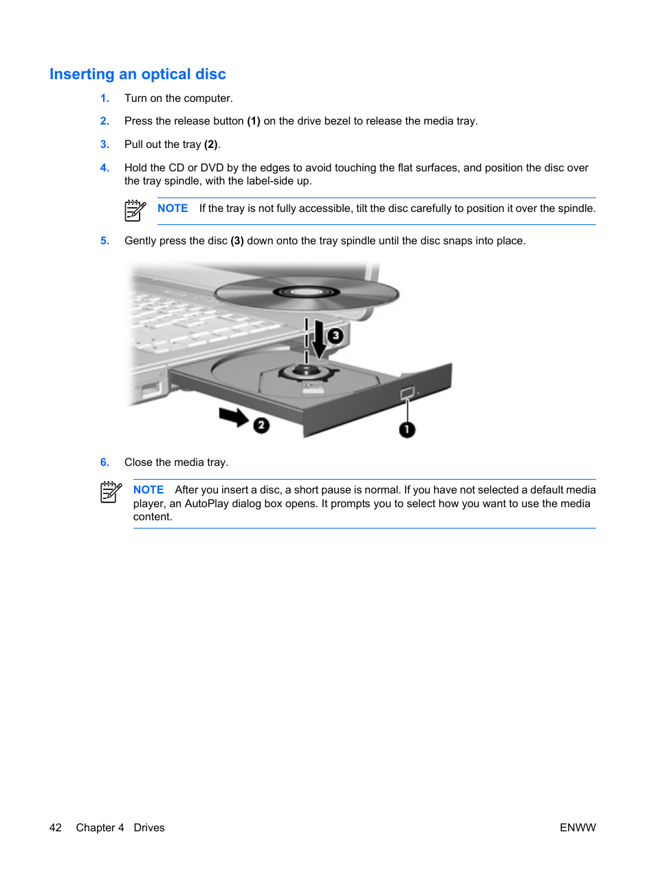 Inserting an optical disc | HP Compaq Presario C542EA Notebook PC User Manual | Page 48 / 73