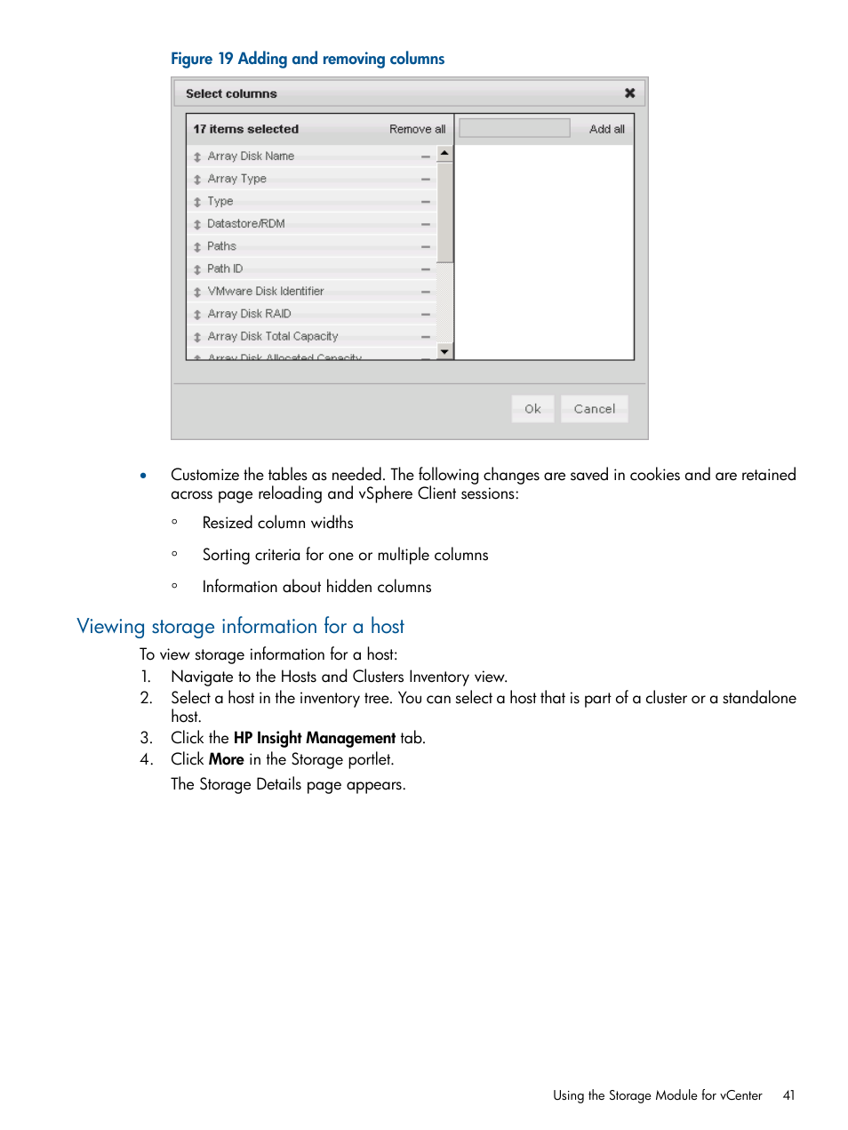 Viewing storage information for a host | HP OneView for VMware vCenter User Manual | Page 41 / 99