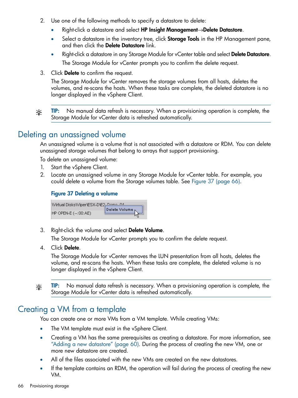 Deleting an unassigned volume, Creating a vm from a template | HP OneView for VMware vCenter User Manual | Page 66 / 99