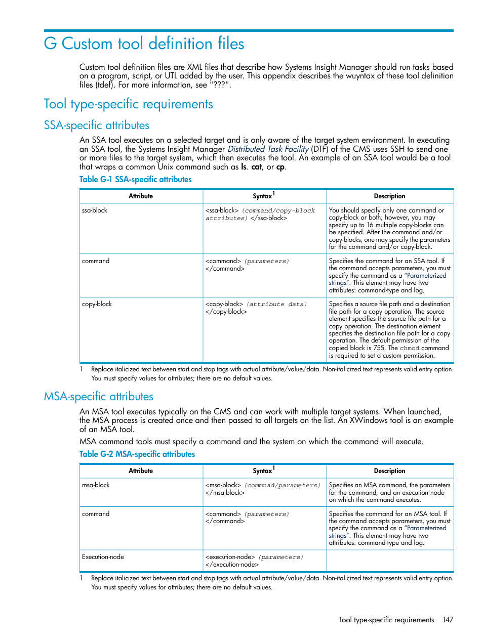 G custom tool definition files, Tool type-specific requirements, Ssa-specific attributes | Msa-specific attributes, Ssa-specific attributes msa-specific attributes, Custom tool definition files | HP Systems Insight Manager User Manual | Page 147 / 178