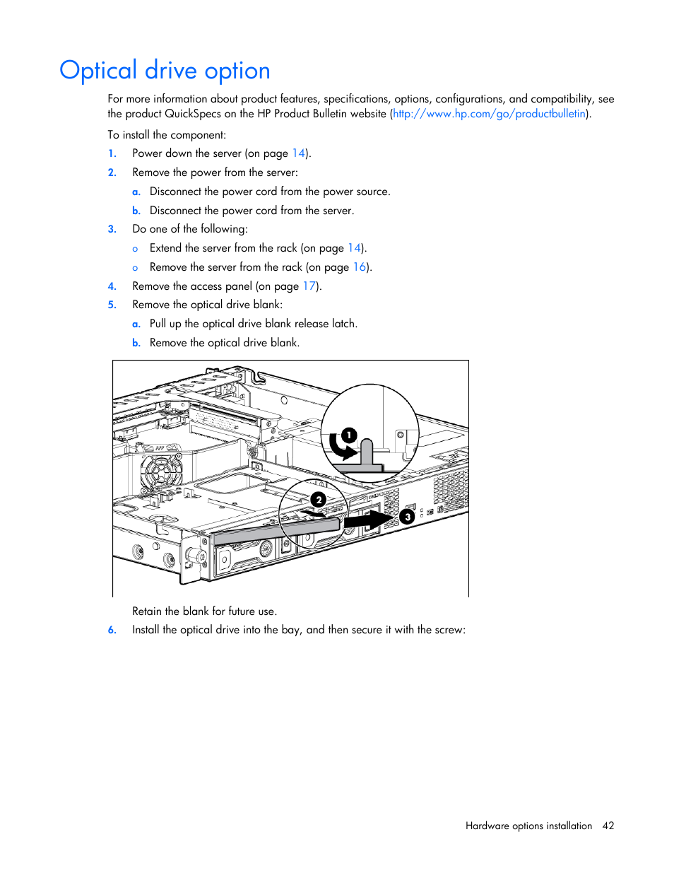 Optical drive option | HP ProLiant DL320e Gen8 v2-Server User Manual | Page 42 / 100