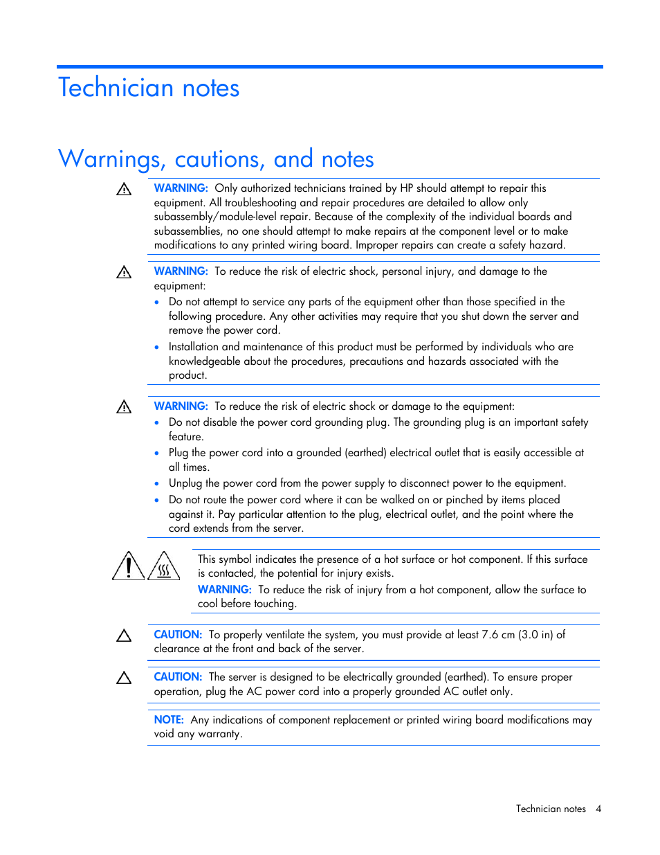 Technician notes, Warnings, cautions, and notes | HP NC523SFP 10Gb 2-port Server Adapter User Manual | Page 4 / 17