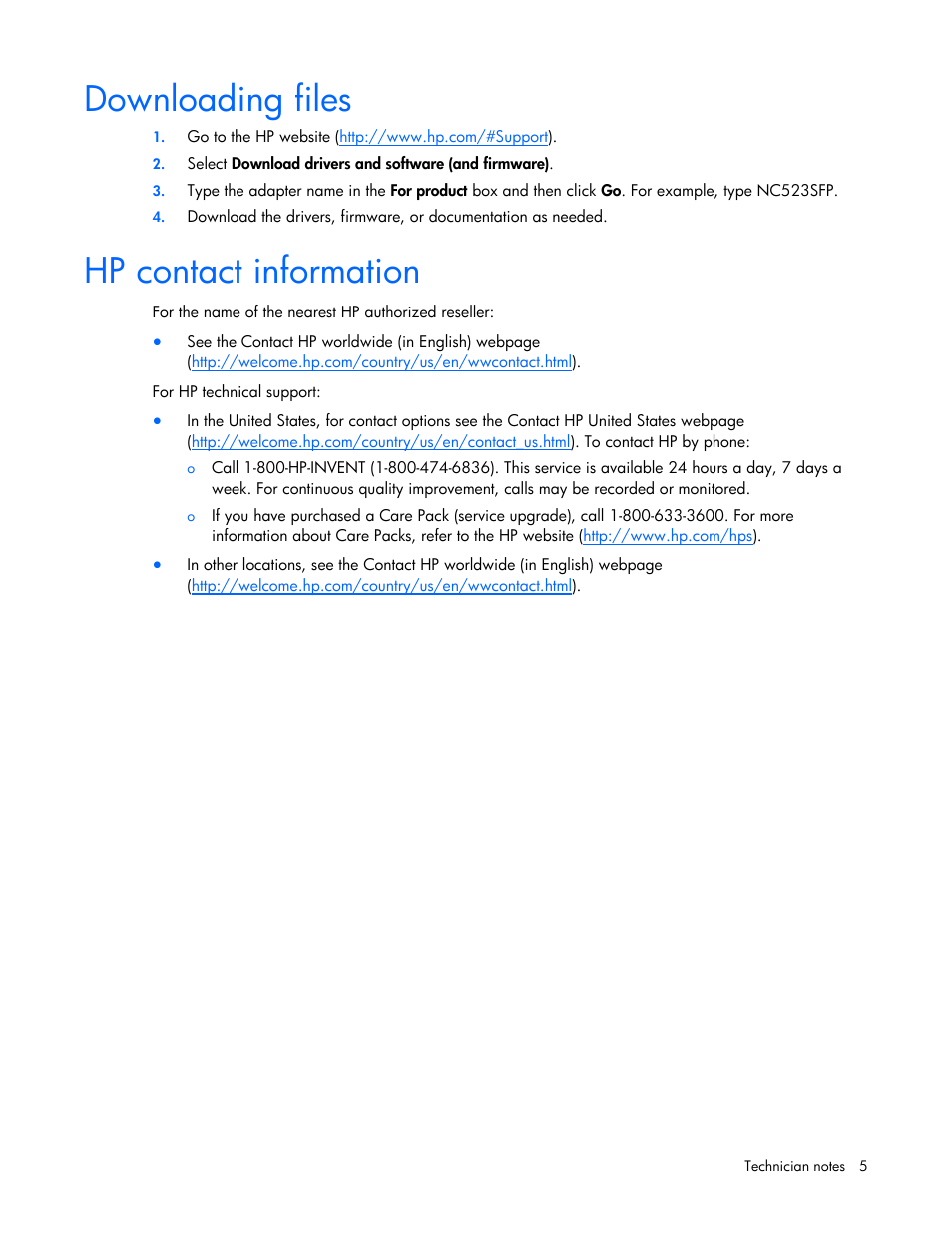 Downloading files, Hp contact information, Downloading files hp contact information | HP NC523SFP 10Gb 2-port Server Adapter User Manual | Page 5 / 17