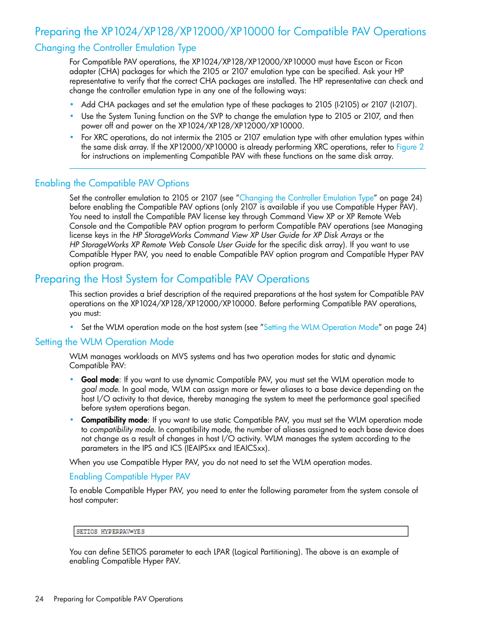 Changing the controller emulation type, Enabling the compatible pav options, Setting the wlm operation mode | Enabling compatible hyper pav | HP StorageWorks XP Remote Web Console Software User Manual | Page 24 / 64