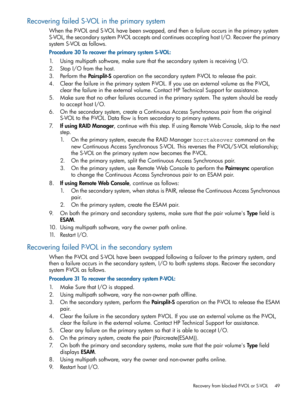 Recovering failed s-vol in the primary system, Recovering failed p-vol in the secondary system | HP XP P9500 Storage User Manual | Page 49 / 81