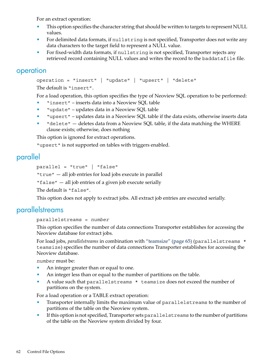 Operation, Parallel, Parallelstreams | Operation parallel parallelstreams | HP Neoview Release 2.5 Software User Manual | Page 62 / 136