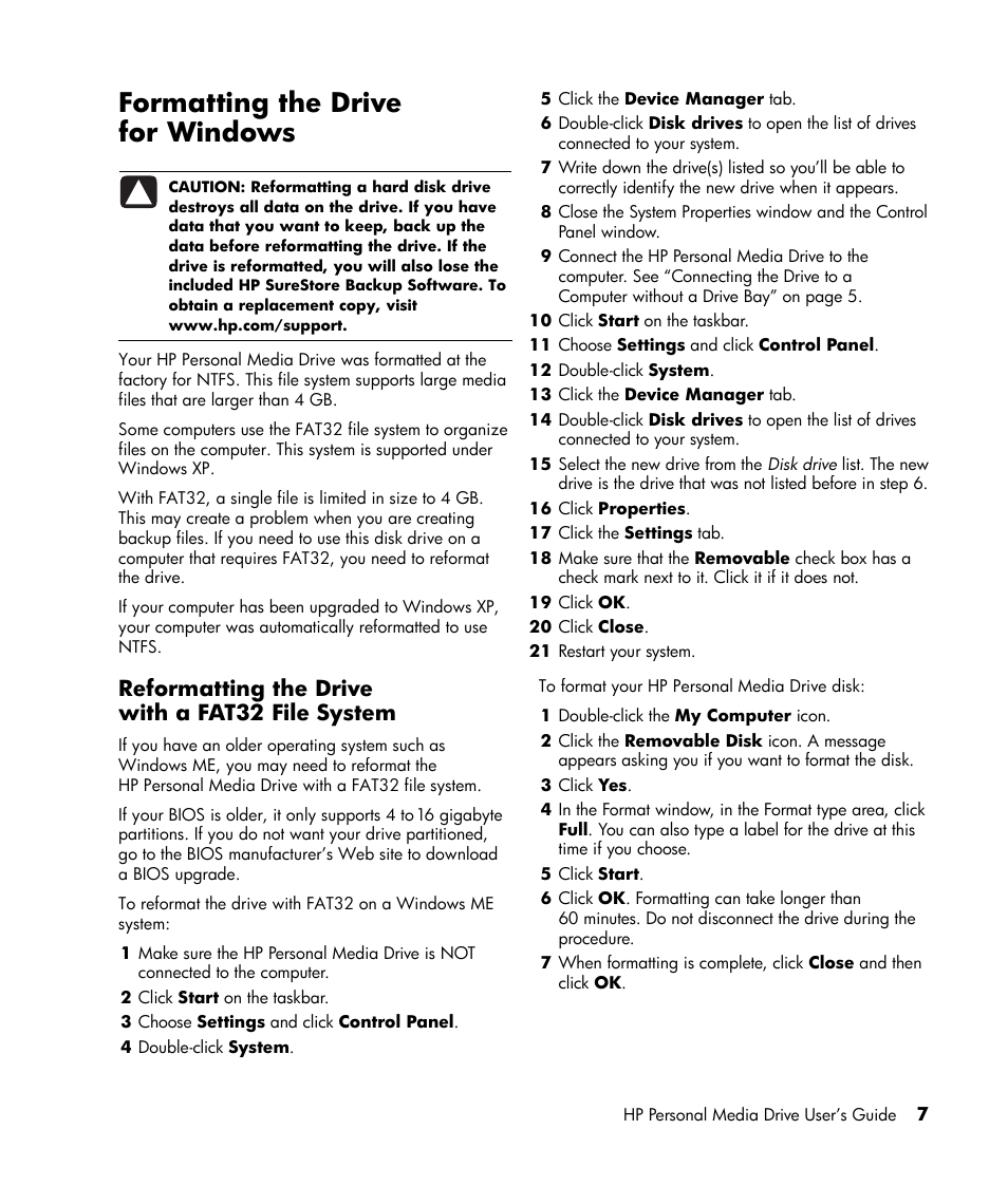 Reformatting the drive with a fat32 file system, Formatting the drive for windows | HP HD20000x Personal Media Drive User Manual | Page 10 / 14