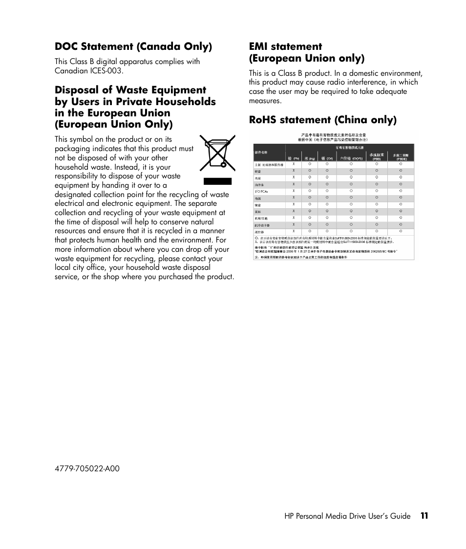 Emi statement (european union only), Rohs statement (china only), Doc statement (canada only) | Union (european union only) | HP HD20000x Personal Media Drive User Manual | Page 14 / 14
