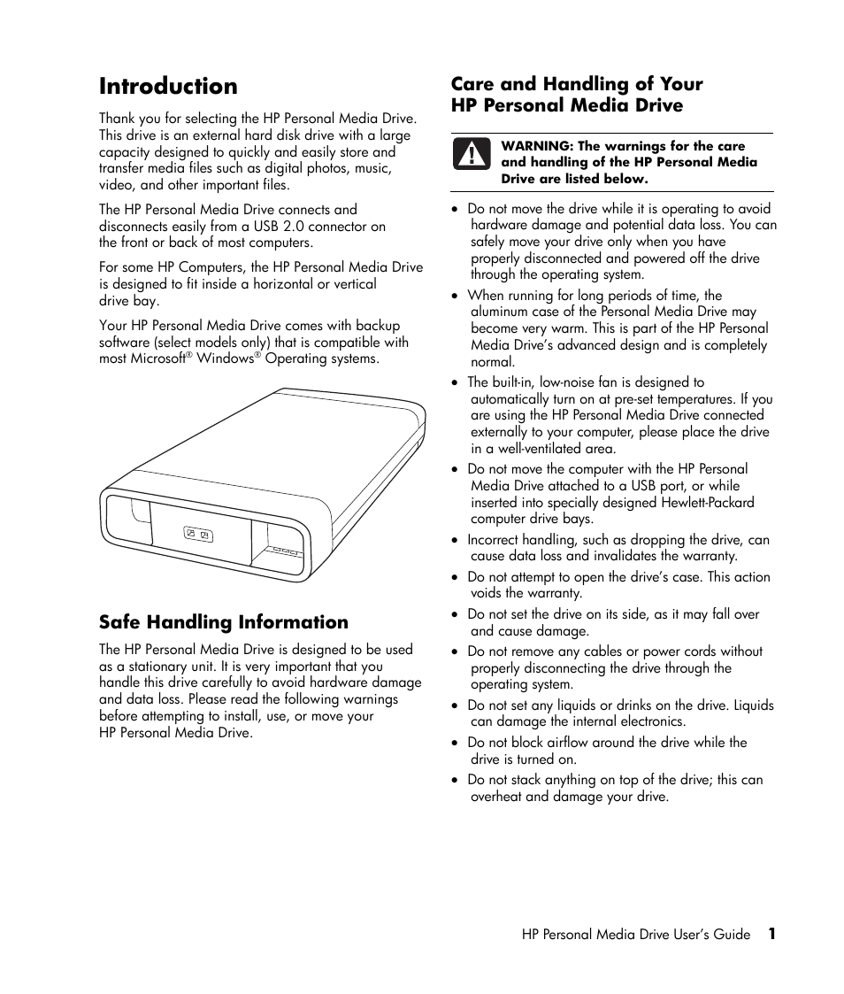 Introduction, Safe handling information, Care and handling of your hp personal media drive | HP HD20000x Personal Media Drive User Manual | Page 4 / 14