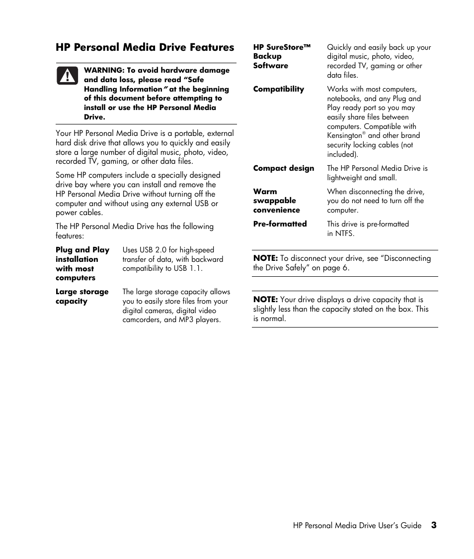 System requirements, Hp personal media drive features | HP HD20000x Personal Media Drive User Manual | Page 6 / 14