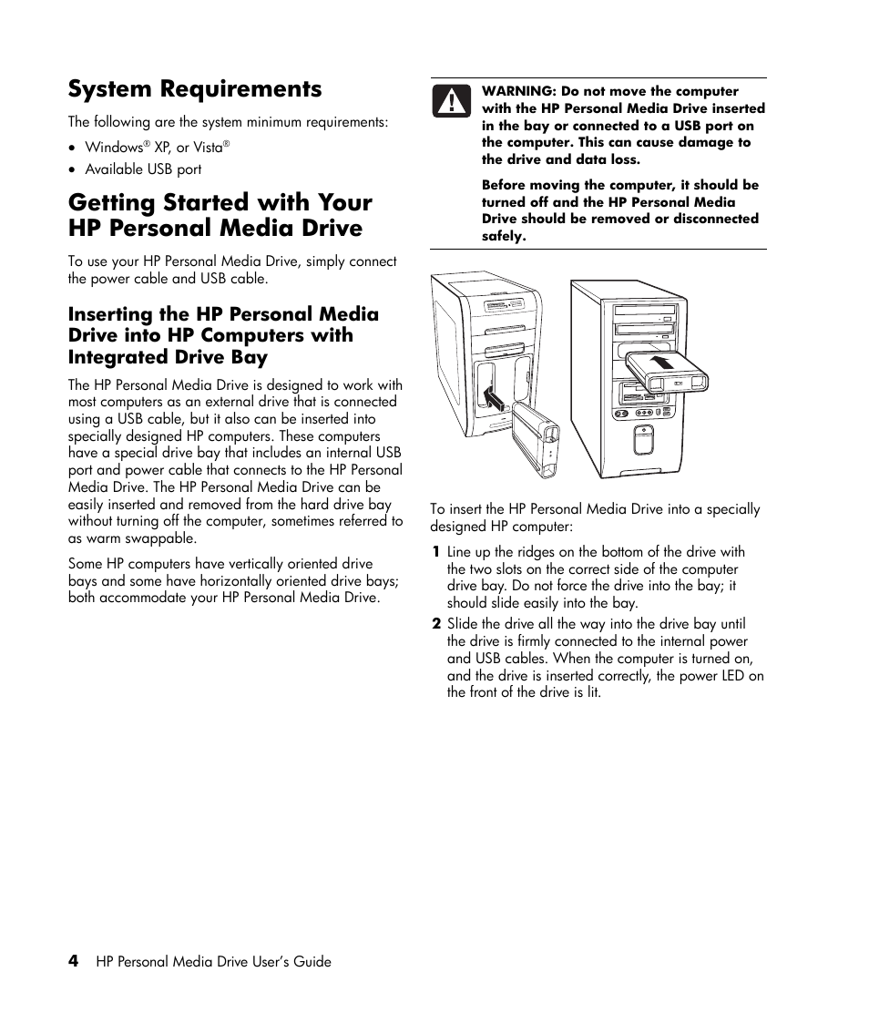Getting started with your hp personal media drive, Drive indicators and connectors, System requirements | HP HD20000x Personal Media Drive User Manual | Page 7 / 14