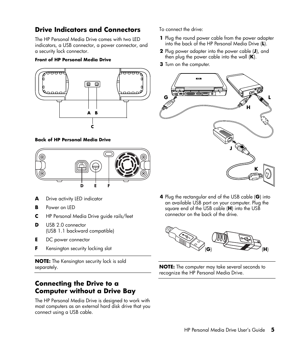 Locating the drive, Drive indicators and connectors | HP HD20000x Personal Media Drive User Manual | Page 8 / 14
