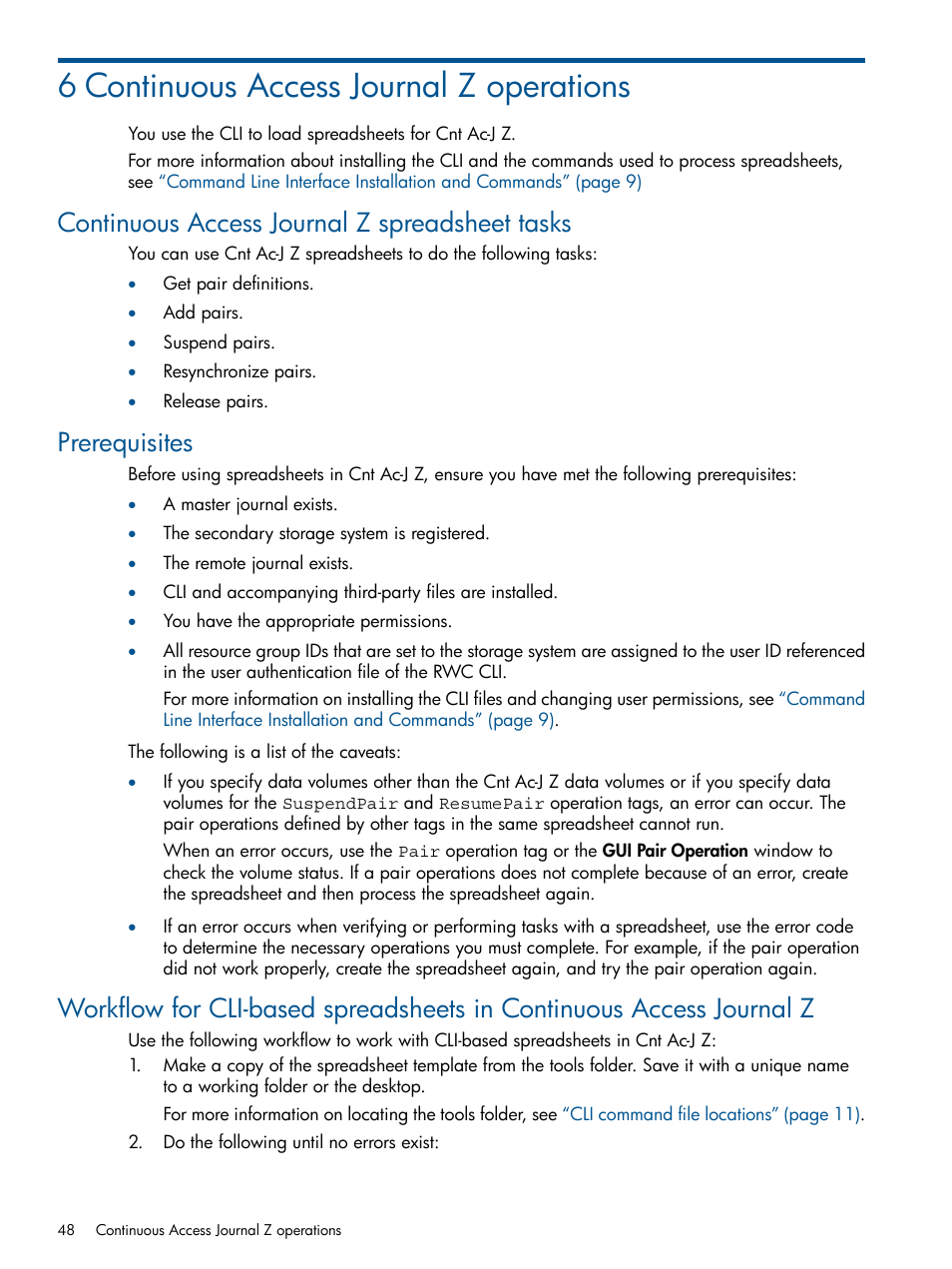 6 continuous access journal z operations, Continuous access journal z spreadsheet tasks, Prerequisites | HP XP P9500 Storage User Manual | Page 48 / 78