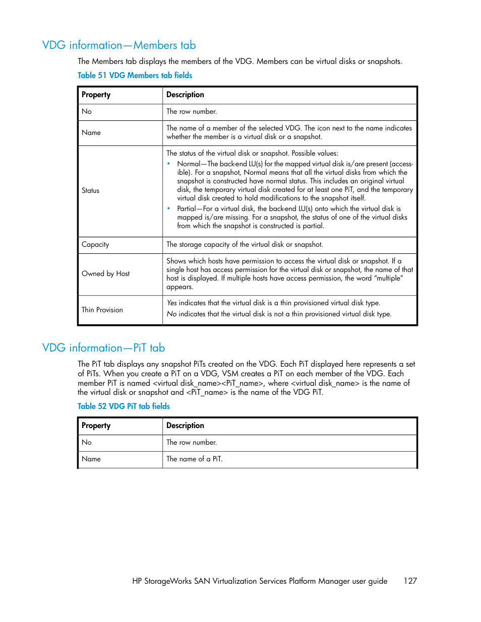 Vdg information—members tab, Vdg information—pit tab, 127 vdg information—pit tab | Vdg members tab fields, Vdg pit tab fields | HP SAN Virtualization Services Platform User Manual | Page 127 / 382