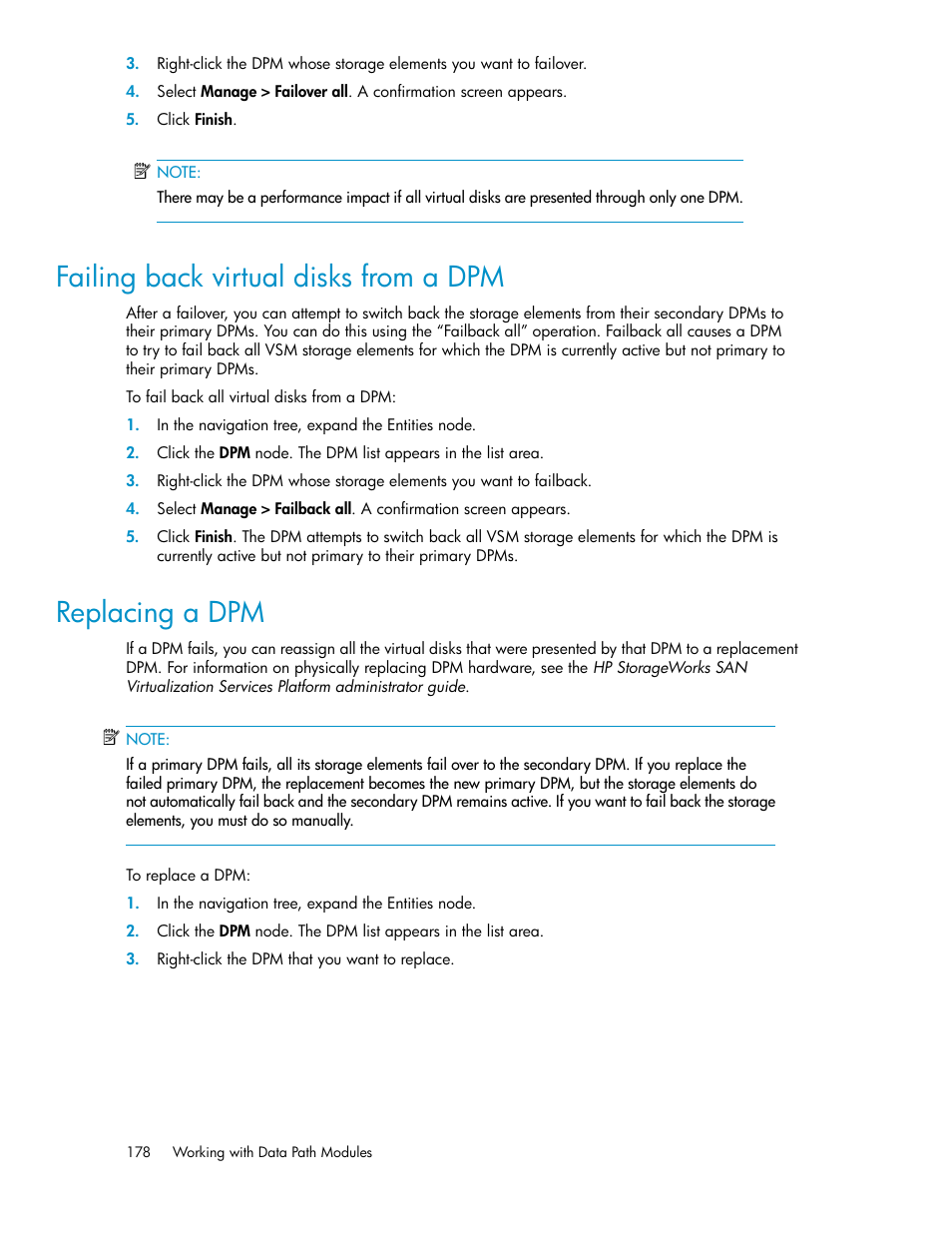Failing back virtual disks from a dpm, Replacing a dpm, 178 replacing a dpm | HP SAN Virtualization Services Platform User Manual | Page 178 / 382