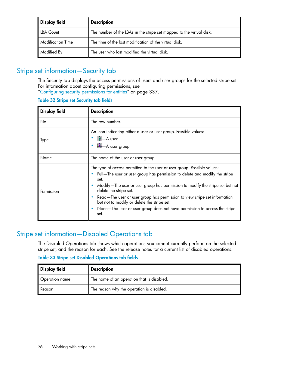 Stripe set information—security tab, Stripe set information—disabled operations tab, 76 stripe set information—disabled operations tab | Stripe set security tab fields, Stripe set disabled operations tab fields | HP SAN Virtualization Services Platform User Manual | Page 76 / 382