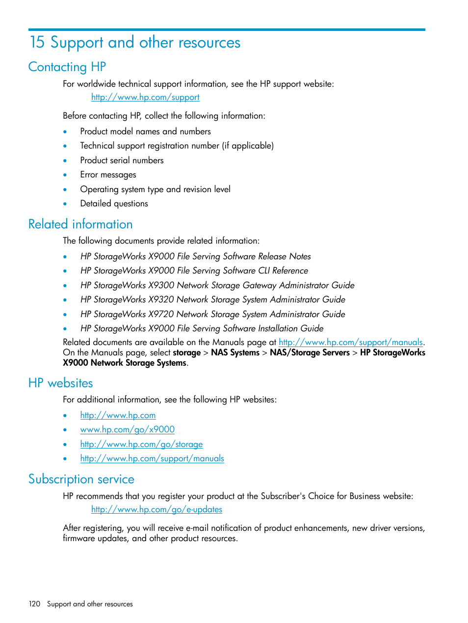 15 support and other resources, Contacting hp, Related information | Hp websites, Subscription service | HP StoreAll Storage User Manual | Page 120 / 125