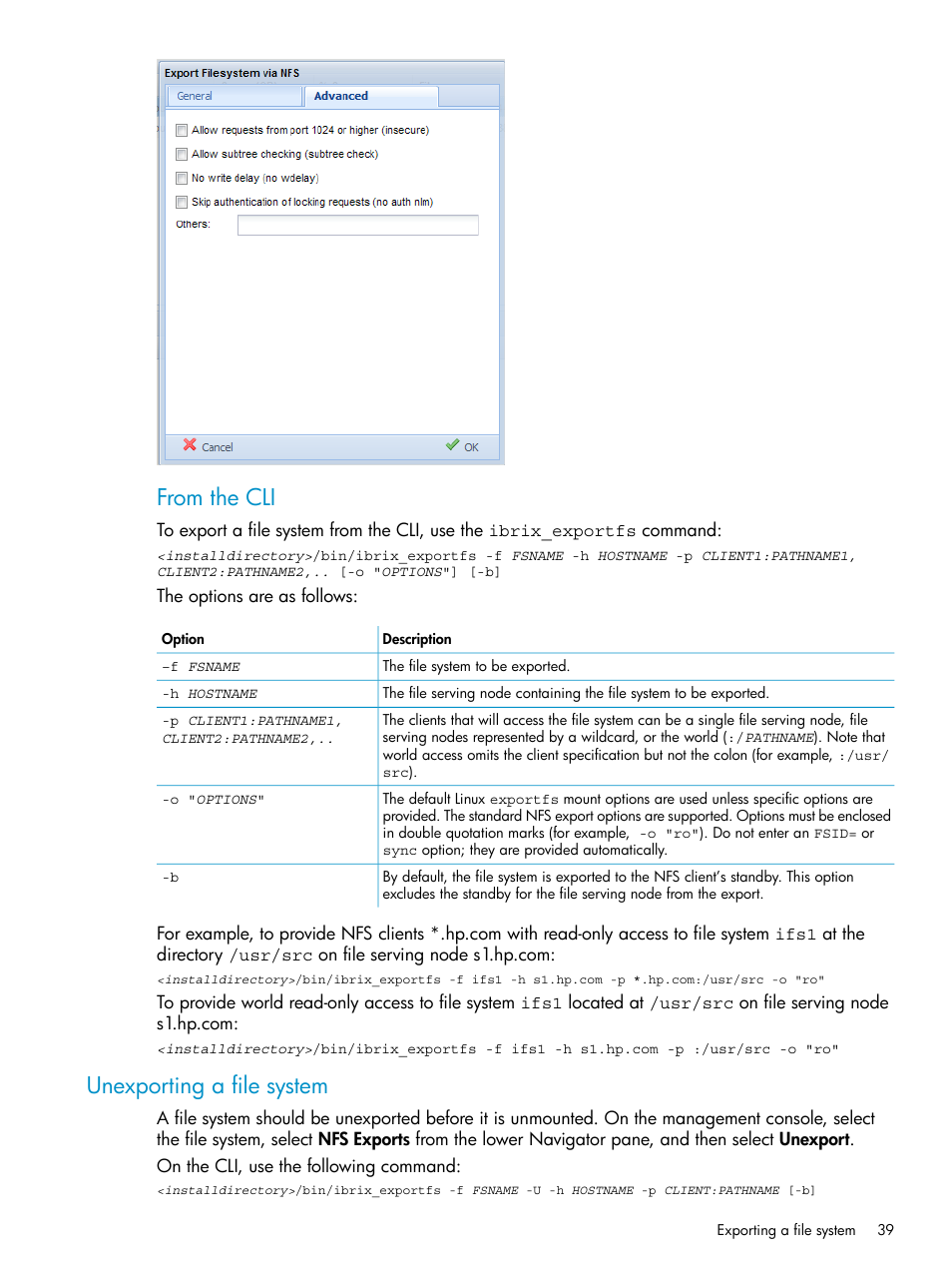 Unexporting a file system | HP StoreAll Storage User Manual | Page 39 / 125