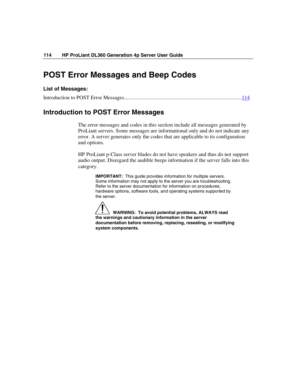Post error messages and beep codes, Introduction to post error messages, Post error messages and beep codes" on p | HP ProLiant DL360 G4p Server User Manual | Page 114 / 140