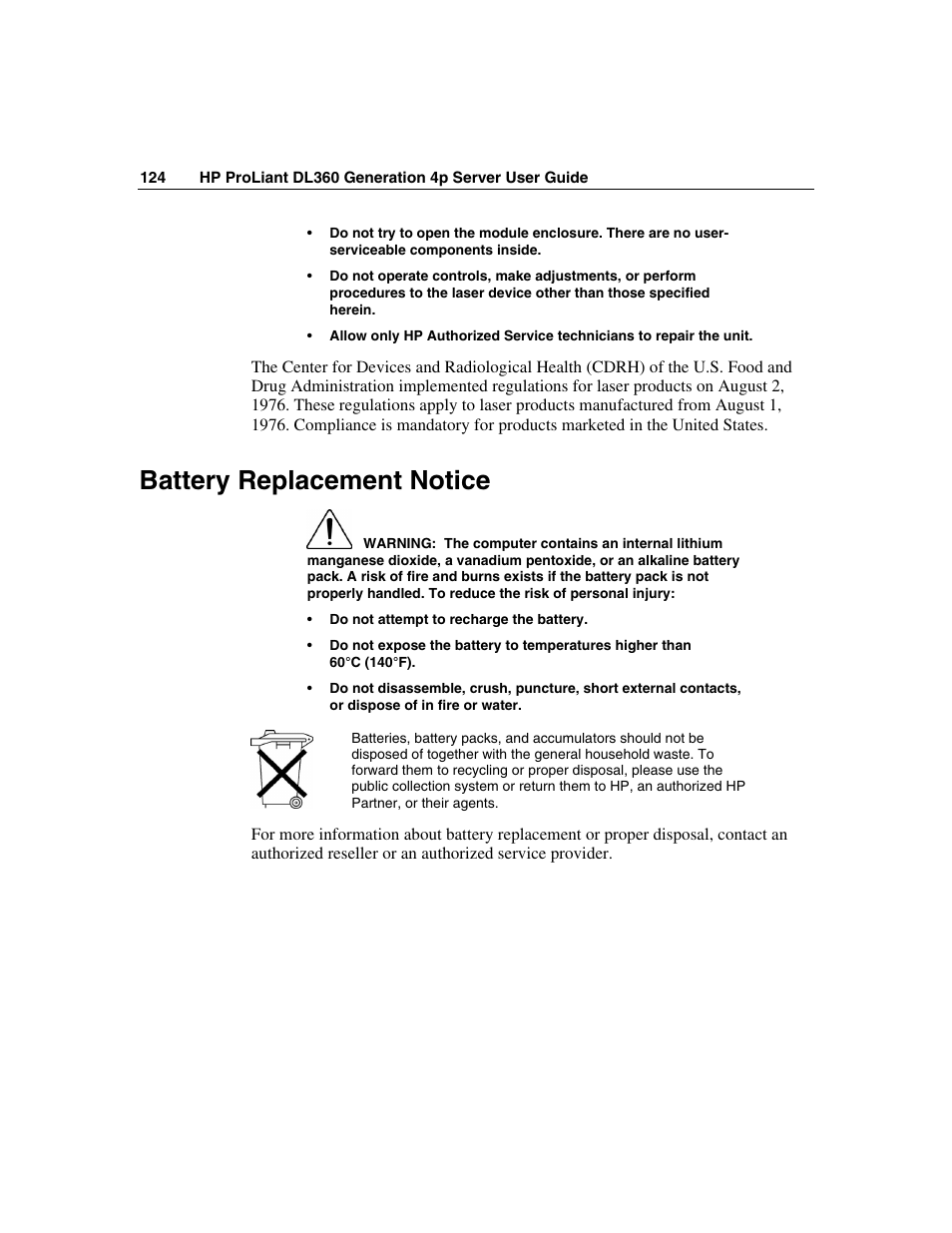 Battery replacement notice | HP ProLiant DL360 G4p Server User Manual | Page 124 / 140