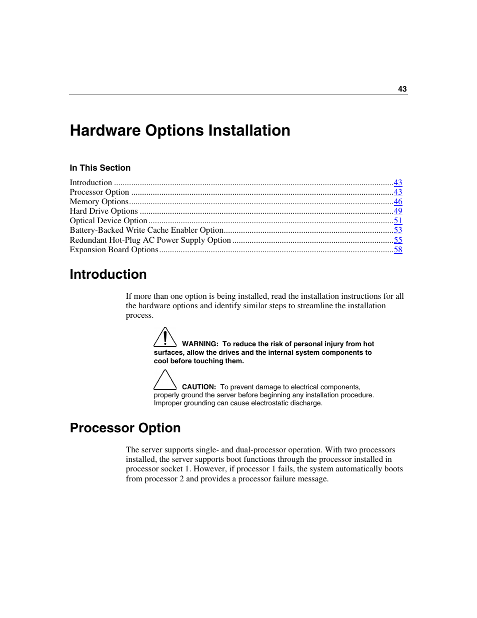 Hardware options installation, Introduction, Processor option | HP ProLiant DL360 G4p Server User Manual | Page 43 / 140
