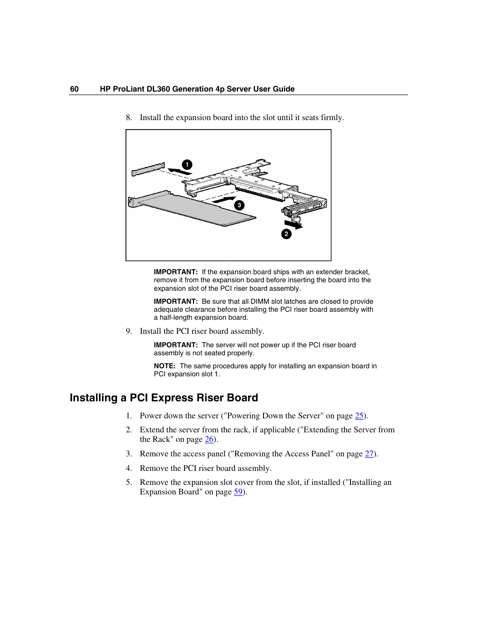 Installing a pci express riser board | HP ProLiant DL360 G4p Server User Manual | Page 60 / 140