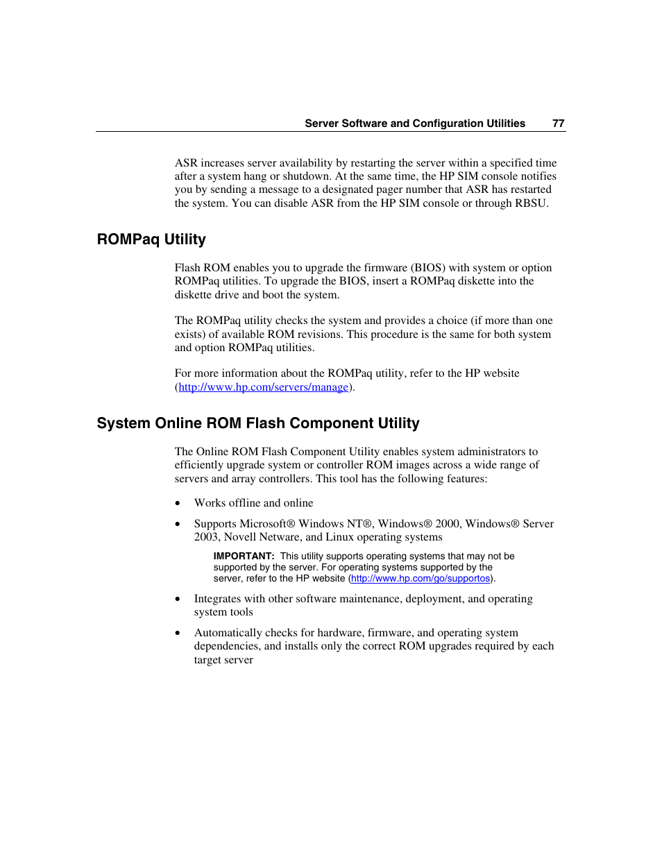 Rompaq utility, System online rom flash component utility | HP ProLiant DL360 G4p Server User Manual | Page 77 / 140