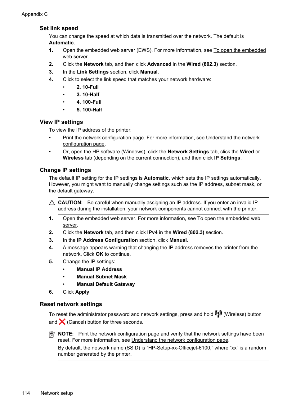 Set link speed, View ip settings, Change ip settings | Reset network settings | HP Officejet 6100 User Manual | Page 118 / 138