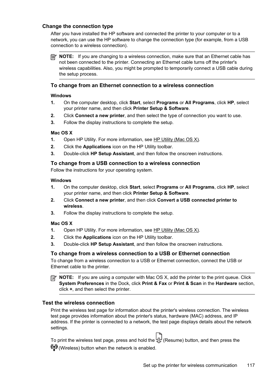 Change the connection type, Test the wireless connection | HP Officejet 6100 User Manual | Page 121 / 138