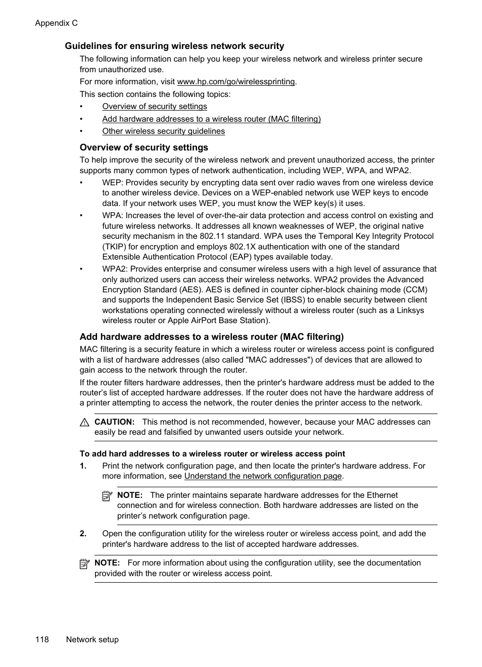 Guidelines for ensuring wireless network security, Overview of security settings | HP Officejet 6100 User Manual | Page 122 / 138