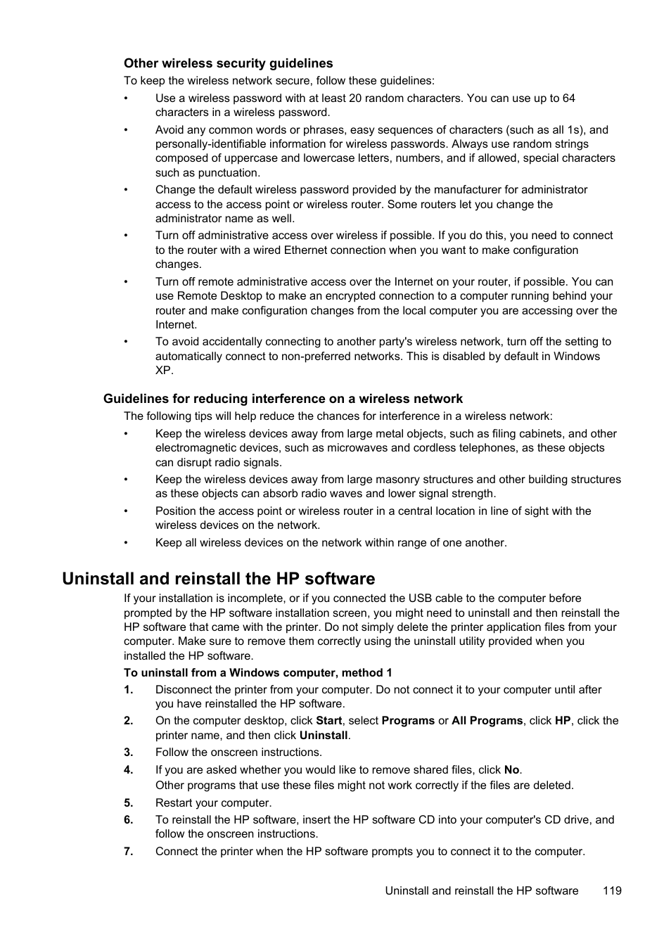 Other wireless security guidelines, Uninstall and reinstall the hp software | HP Officejet 6100 User Manual | Page 123 / 138