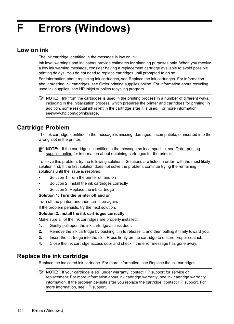 Ferrors (windows), Low on ink, Cartridge problem | Replace the ink cartridge | HP Officejet 6100 User Manual | Page 128 / 138