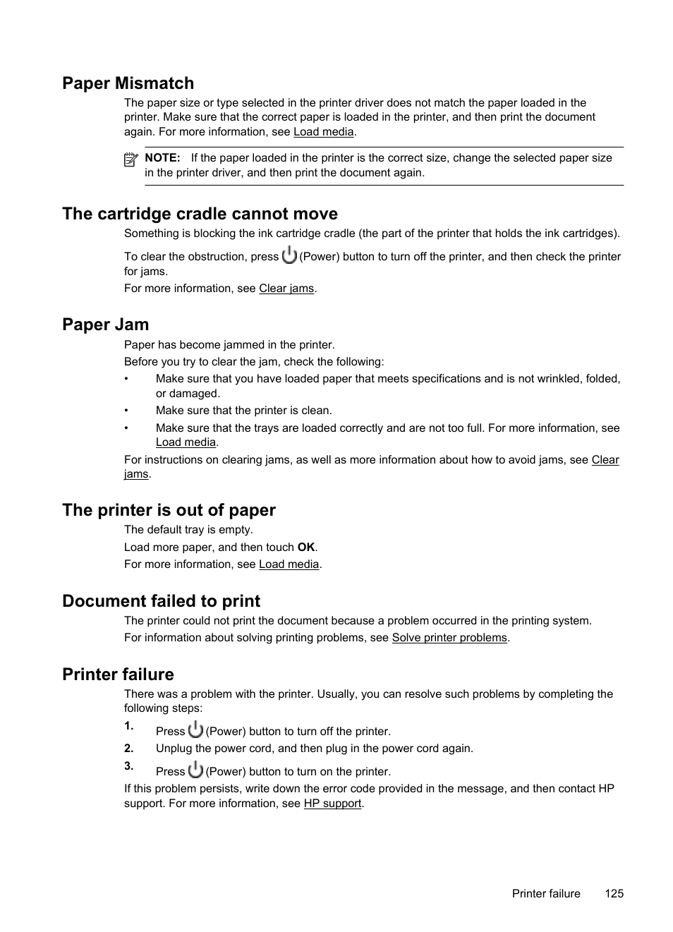 Paper mismatch, The cartridge cradle cannot move, Paper jam | The printer is out of paper, Document failed to print, Printer failure | HP Officejet 6100 User Manual | Page 129 / 138