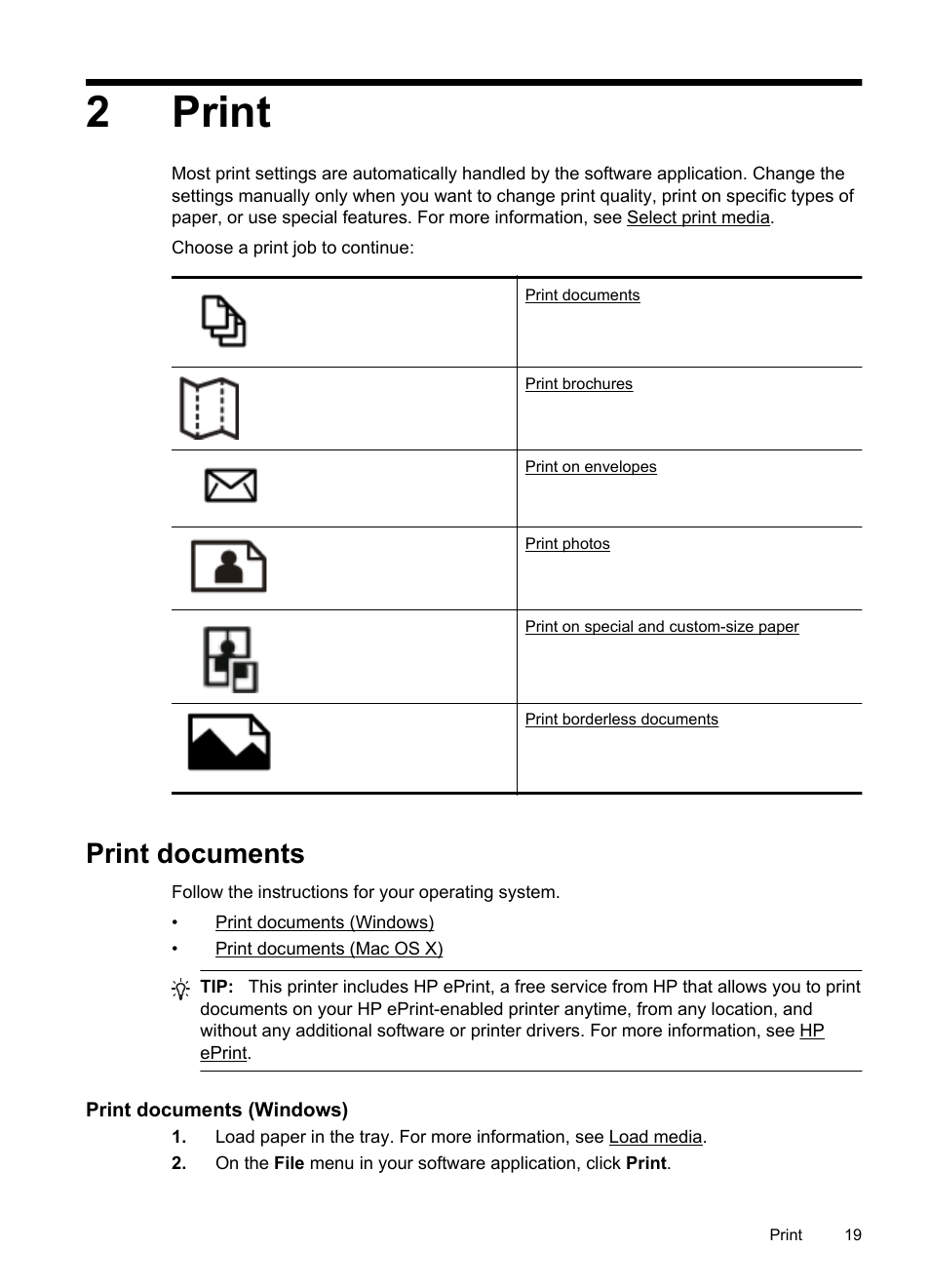 Print, Print documents, Print documents (windows) | 2print | HP Officejet 6100 User Manual | Page 23 / 138