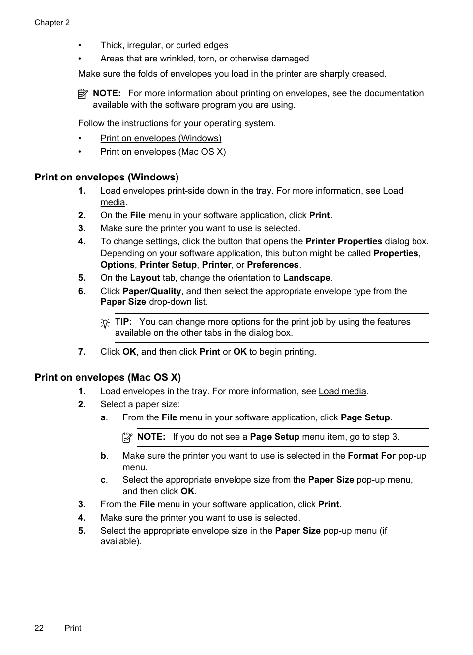 Print on envelopes (windows), Print on envelopes (mac os x) | HP Officejet 6100 User Manual | Page 26 / 138