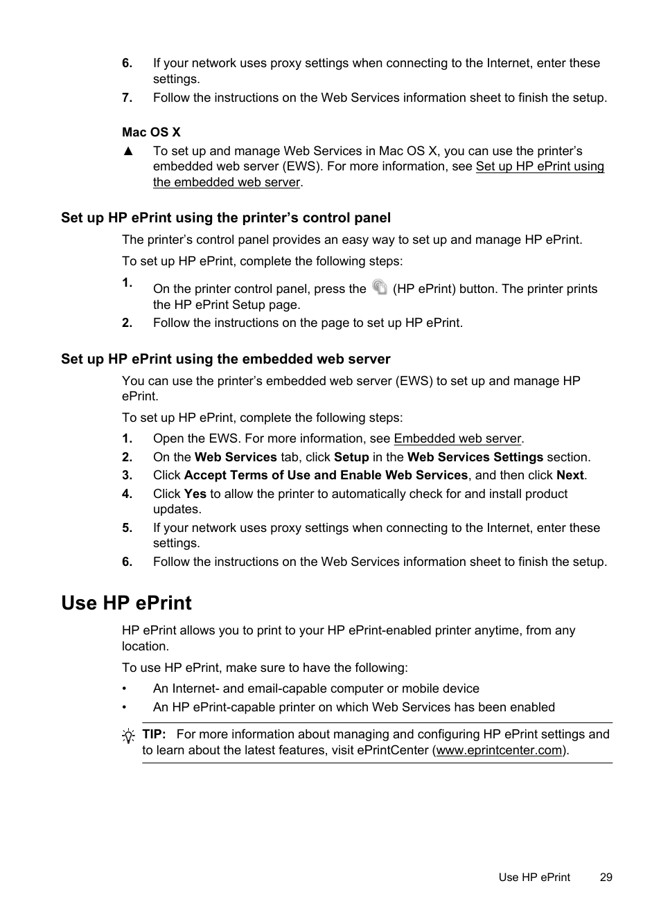 Set up hp eprint using the printer’s control panel, Set up hp eprint using the embedded web server, Use hp eprint | Print using hp eprint, Ind the printer’s email address, Urn off hp eprint | HP Officejet 6100 User Manual | Page 33 / 138