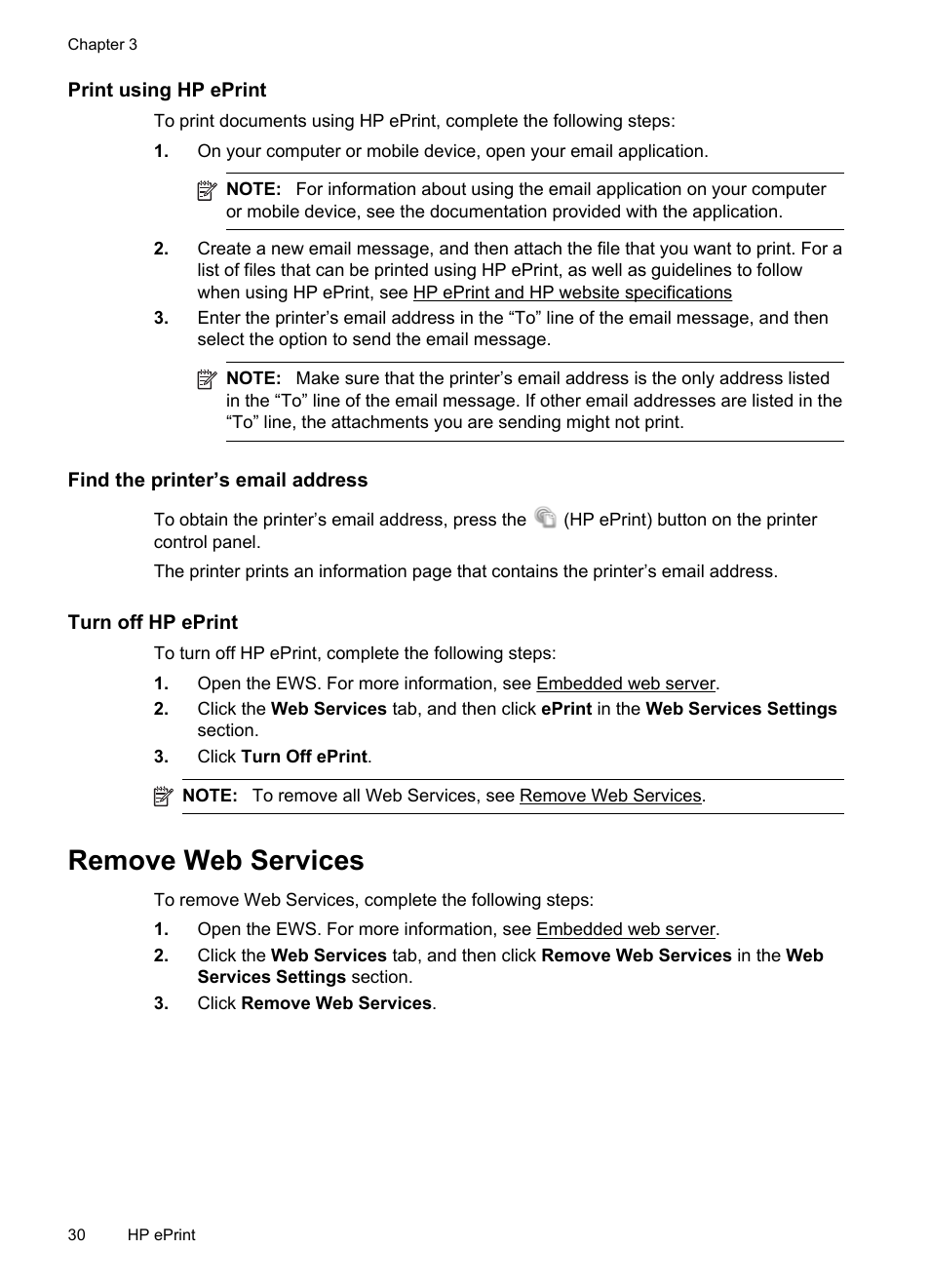 Print using hp eprint, Find the printer’s email address, Turn off hp eprint | Remove web services | HP Officejet 6100 User Manual | Page 34 / 138