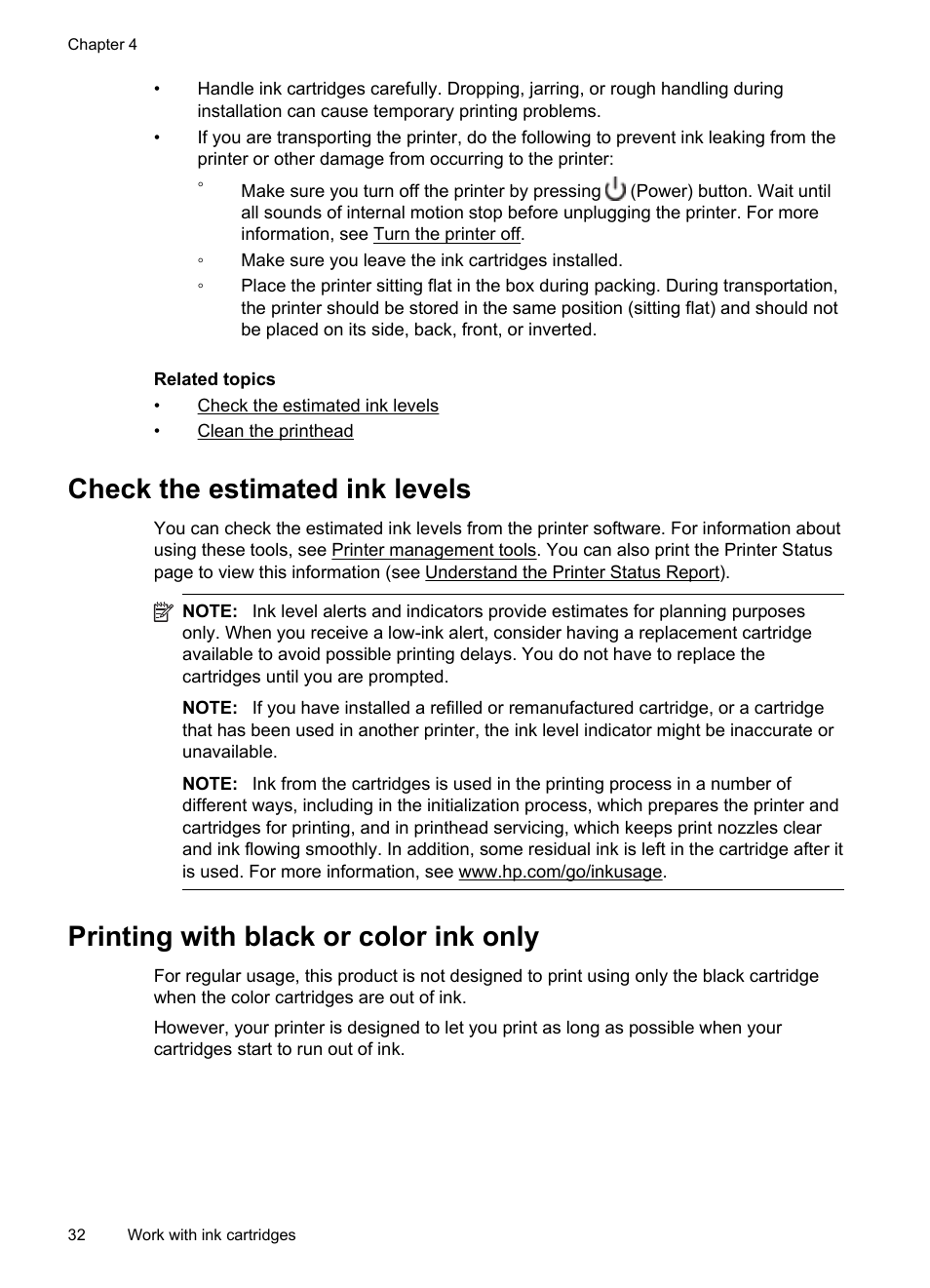 Check the estimated ink levels, Printing with black or color ink only | HP Officejet 6100 User Manual | Page 36 / 138