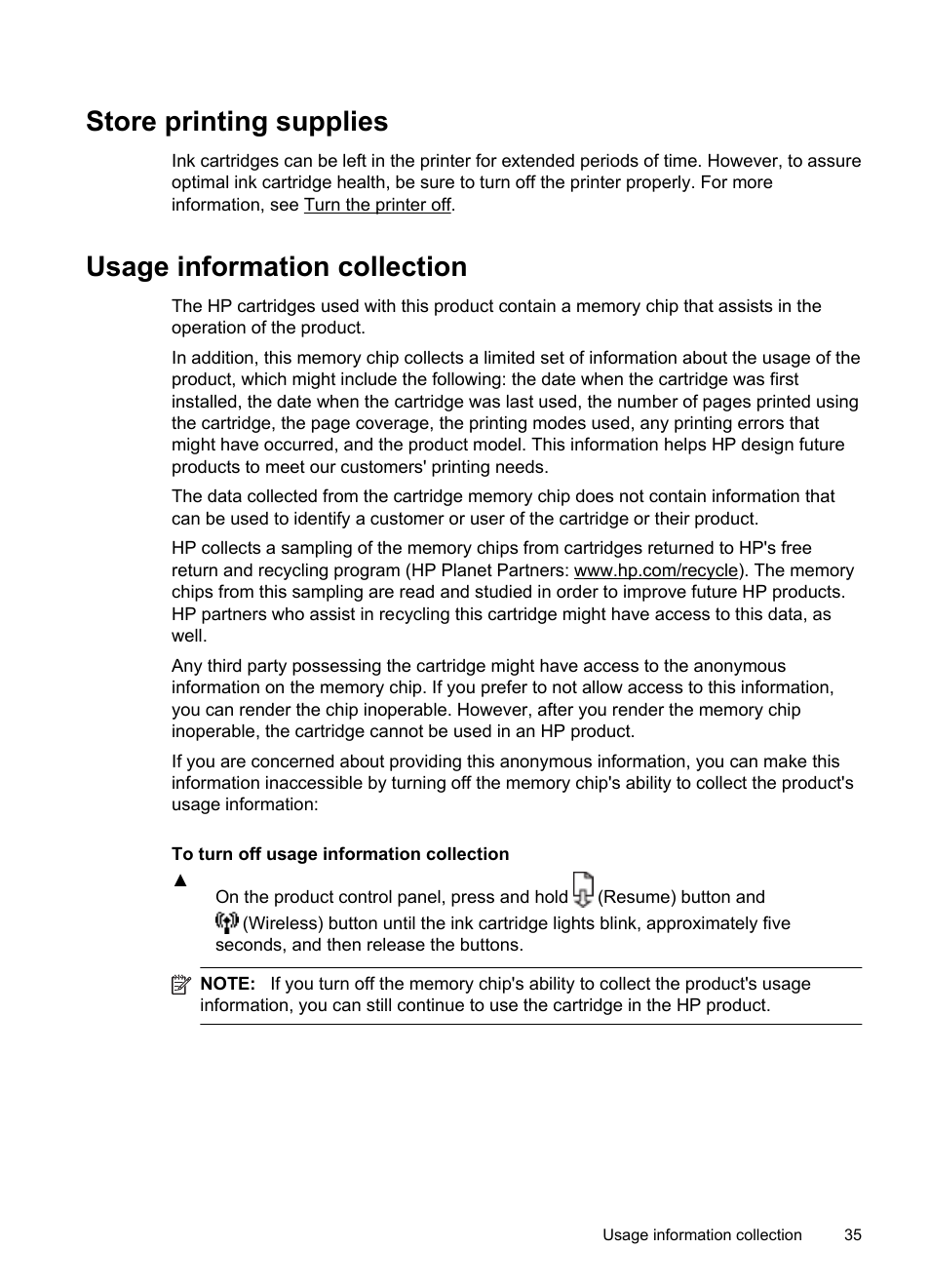Store printing supplies, Usage information collection | HP Officejet 6100 User Manual | Page 39 / 138
